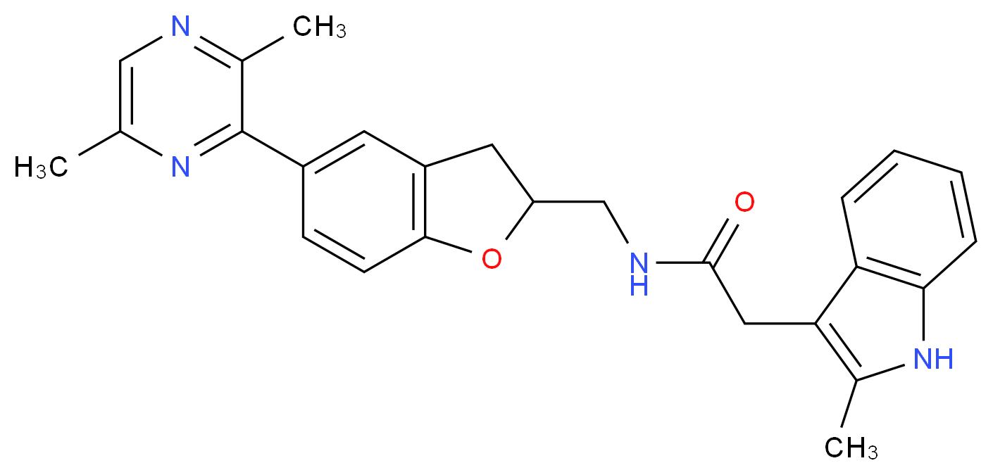 N-{[5-(3,6-dimethyl-2-pyrazinyl)-2,3-dihydro-1-benzofuran-2-yl]methyl}-2-(2-methyl-1H-indol-3-yl)acetamide_分子结构_CAS_)