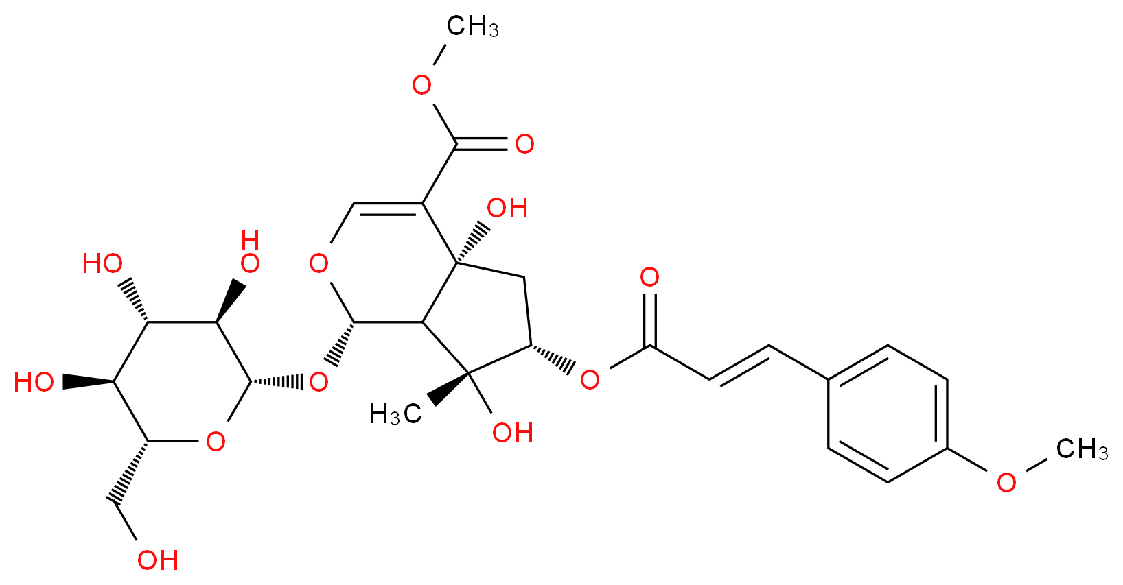 methyl (1S,4aR,6S,7R,7aS)-4a,7-dihydroxy-6-{[(2E)-3-(4-methoxyphenyl)prop-2-enoyl]oxy}-7-methyl-1-{[(2S,3R,4S,5S,6R)-3,4,5-trihydroxy-6-(hydroxymethyl)oxan-2-yl]oxy}-1H,4aH,5H,6H,7H,7aH-cyclopenta[c]pyran-4-carboxylate_分子结构_CAS_53526-66-2