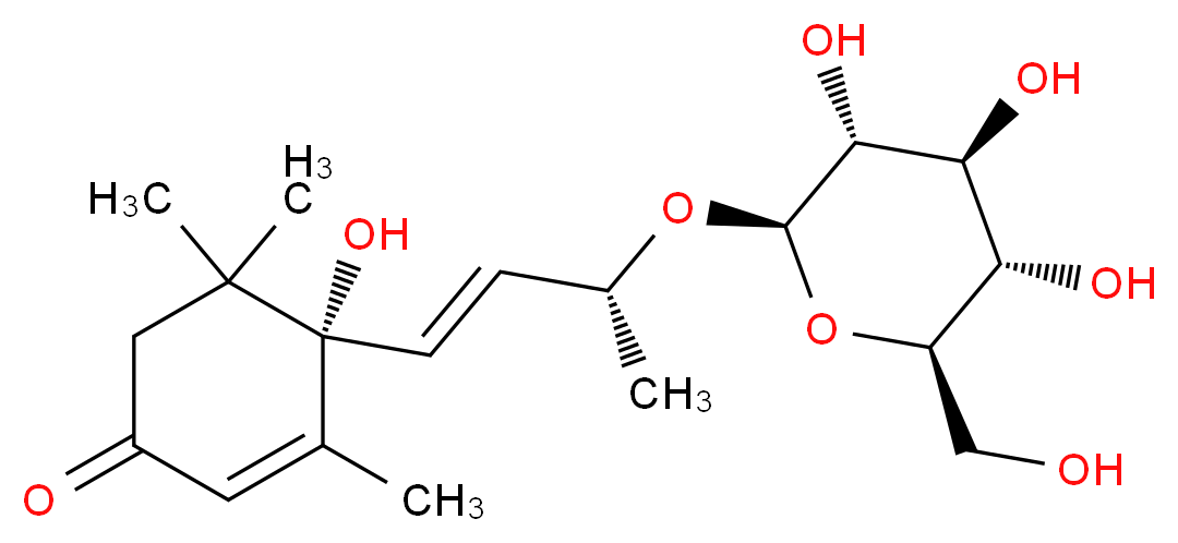 (4S)-4-hydroxy-3,5,5-trimethyl-4-[(1E,3R)-3-{[(2R,3R,4S,5S,6R)-3,4,5-trihydroxy-6-(hydroxymethyl)oxan-2-yl]oxy}but-1-en-1-yl]cyclohex-2-en-1-one_分子结构_CAS_54835-70-0