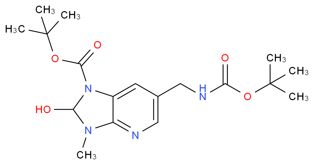 tert-butyl 6-({[(tert-butoxy)carbonyl]amino}methyl)-2-hydroxy-3-methyl-1H,2H,3H-imidazo[4,5-b]pyridine-1-carboxylate_分子结构_CAS_1186311-17-0