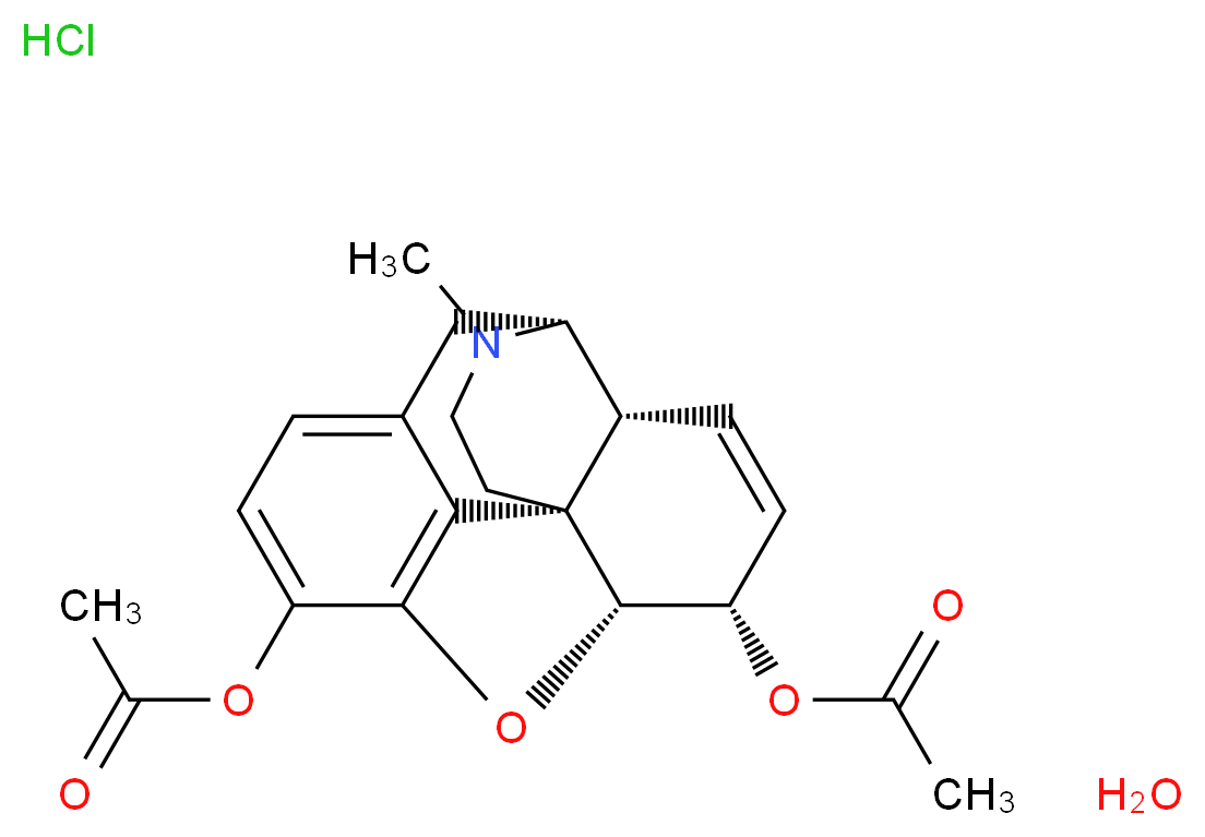 (1S,5R,13R,14S,17R)-14-(acetyloxy)-4-methyl-12-oxa-4-azapentacyclo[9.6.1.0<sup>1</sup>,<sup>1</sup><sup>3</sup>.0<sup>5</sup>,<sup>1</sup><sup>7</sup>.0<sup>7</sup>,<sup>1</sup><sup>8</sup>]octadeca-7,9,11(18),15-tetraen-10-yl acetate hydrate hydrochloride_分子结构_CAS_5893-91-4