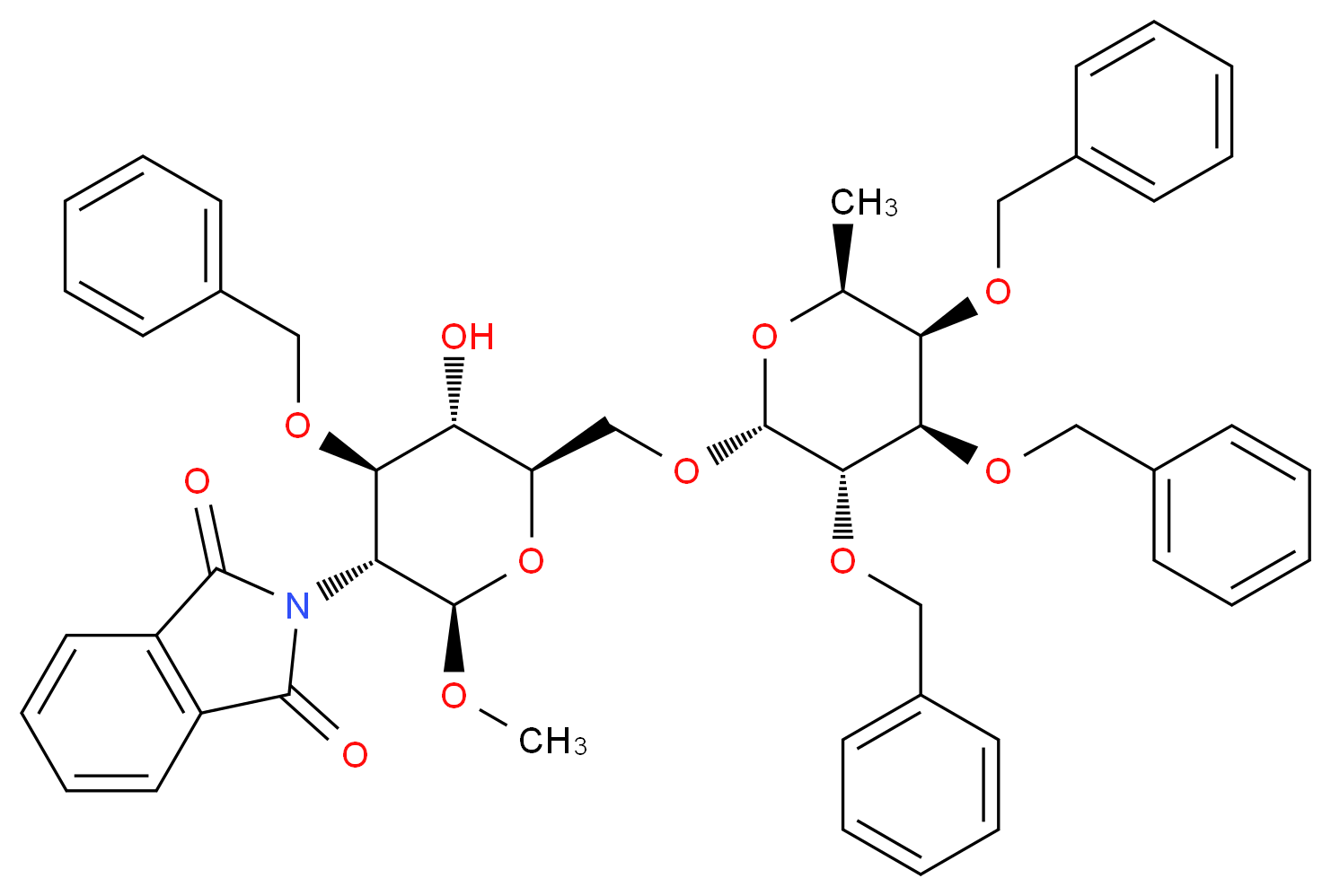 Methyl 3-O-Benzyl-6-O-(2,3,4-tri-O-benzyl-α-L-fucopyranosyl)-2-deoxy-2-N-phthalimido-β-D-glucopyranoside_分子结构_CAS_97242-86-9)