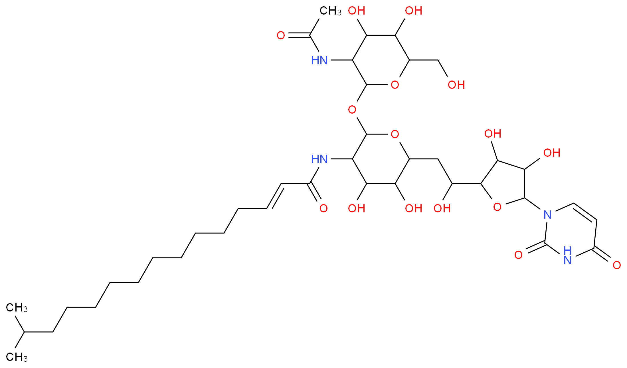 (2E)-N-(6-{2-[5-(2,4-dioxo-1,2,3,4-tetrahydropyrimidin-1-yl)-3,4-dihydroxyoxolan-2-yl]-2-hydroxyethyl}-2-{[3-acetamido-4,5-dihydroxy-6-(hydroxymethyl)oxan-2-yl]oxy}-4,5-dihydroxyoxan-3-yl)-14-methylpentadec-2-enamide_分子结构_CAS_66081-36-5