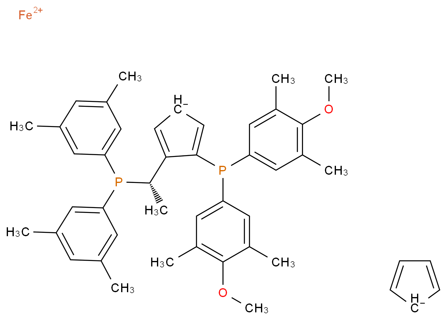 λ<sup>2</sup>-iron(2+) ion 3-[(1S)-1-[bis(3,5-dimethylphenyl)phosphanyl]ethyl]-4-[bis(4-methoxy-3,5-dimethylphenyl)phosphanyl]cyclopenta-2,4-dien-1-ide cyclopenta-2,4-dien-1-ide_分子结构_CAS_849924-48-7