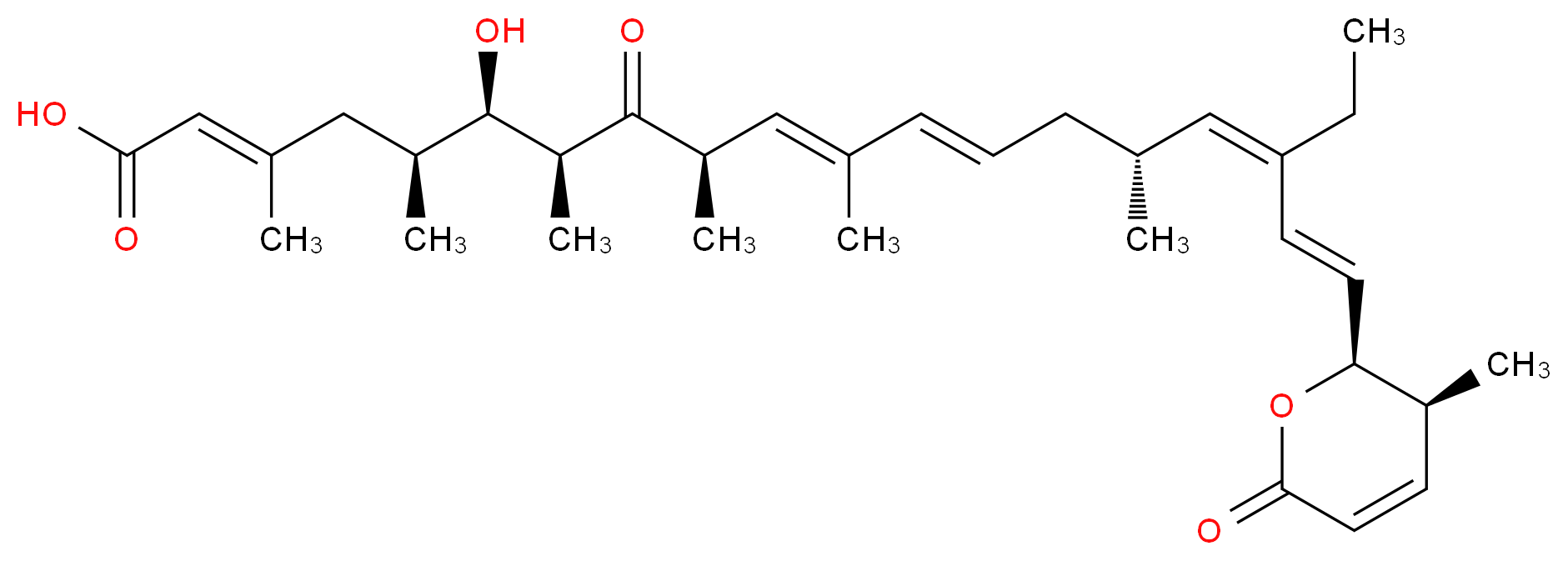 (2E,5S,6R,7S,9R,10E,12E,15R,16Z,18E)-17-ethyl-6-hydroxy-3,5,7,9,11,15-hexamethyl-19-[(2S,3S)-3-methyl-6-oxo-3,6-dihydro-2H-pyran-2-yl]-8-oxononadeca-2,10,12,16,18-pentaenoic acid_分子结构_CAS_87081-35-4