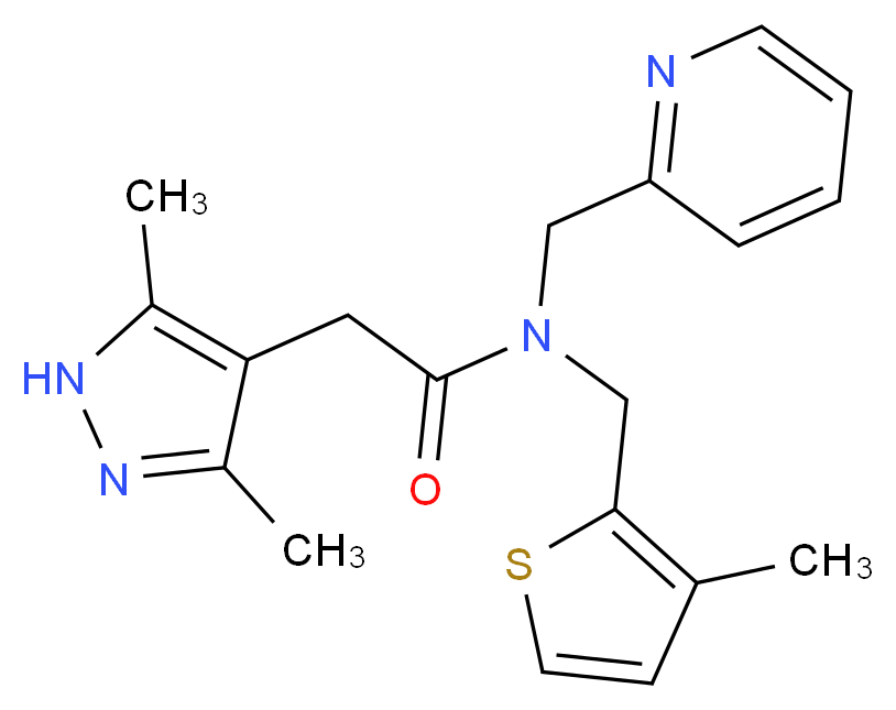 2-(3,5-dimethyl-1H-pyrazol-4-yl)-N-[(3-methyl-2-thienyl)methyl]-N-(pyridin-2-ylmethyl)acetamide_分子结构_CAS_)