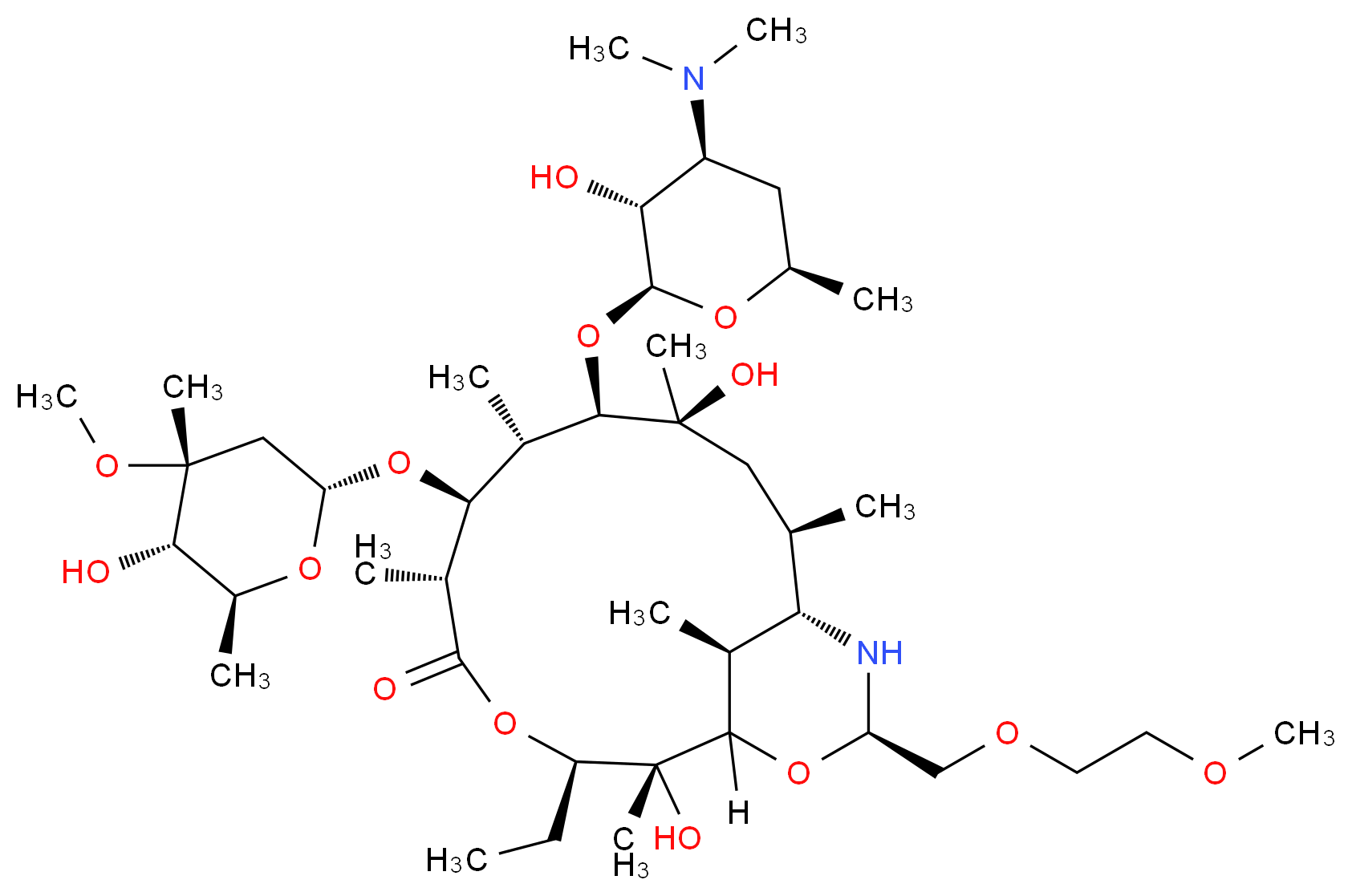 (2R,3R,6R,7S,8S,9R,10S,12R,13S,15R,17S)-9-{[(2S,3R,4S,6R)-4-(dimethylamino)-3-hydroxy-6-methyloxan-2-yl]oxy}-3-ethyl-2,10-dihydroxy-7-{[(2R,4R,5S,6S)-5-hydroxy-4-methoxy-4,6-dimethyloxan-2-yl]oxy}-15-[(2-methoxyethoxy)methyl]-2,6,8,10,12,17-hexamethyl-4,16-dioxa-14-azabicyclo[11.3.1]heptadecan-5-one_分子结构_CAS_62013-04-1