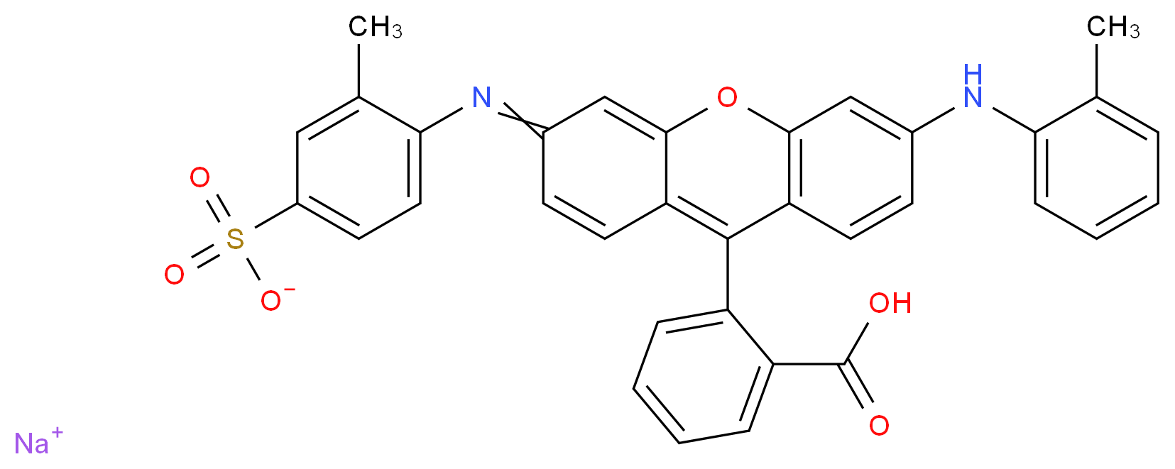sodium 4-{[9-(2-carboxyphenyl)-6-[(2-methylphenyl)amino]-3H-xanthen-3-ylidene]amino}-3-methylbenzene-1-sulfonate_分子结构_CAS_6252-76-2