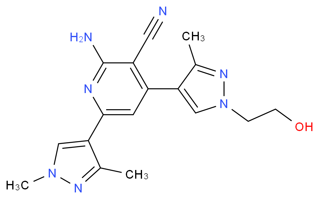 2-amino-6-(1,3-dimethyl-1H-pyrazol-4-yl)-4-[1-(2-hydroxyethyl)-3-methyl-1H-pyrazol-4-yl]nicotinonitrile_分子结构_CAS_)