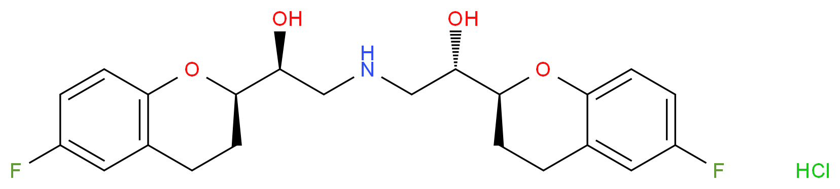 (1S)-1-[(2R)-6-fluoro-3,4-dihydro-2H-1-benzopyran-2-yl]-2-{[(2S)-2-[(2S)-6-fluoro-3,4-dihydro-2H-1-benzopyran-2-yl]-2-hydroxyethyl]amino}ethan-1-ol hydrochloride_分子结构_CAS_152520-56-4