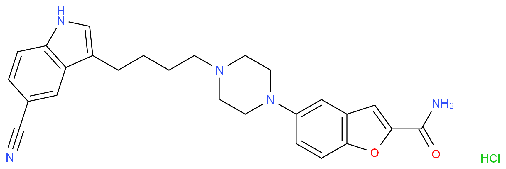 5-{4-[4-(5-cyano-1H-indol-3-yl)butyl]piperazin-1-yl}-1-benzofuran-2-carboxamide hydrochloride_分子结构_CAS_163521-08-2