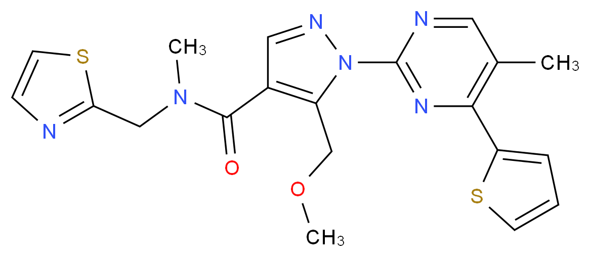 5-(methoxymethyl)-N-methyl-1-[5-methyl-4-(2-thienyl)-2-pyrimidinyl]-N-(1,3-thiazol-2-ylmethyl)-1H-pyrazole-4-carboxamide_分子结构_CAS_)
