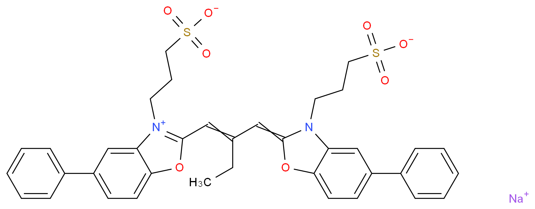 5-Phenyl-2-[2-[[5-phenyl-3-(3-sulfopropyl)-2(3H)-benzoxazolylidene]methyl]-1-butenyl]-3-(3-sulfopropyl)benzoxazolium hydroxide inner salt, sodium salt_分子结构_CAS_33628-03-4)