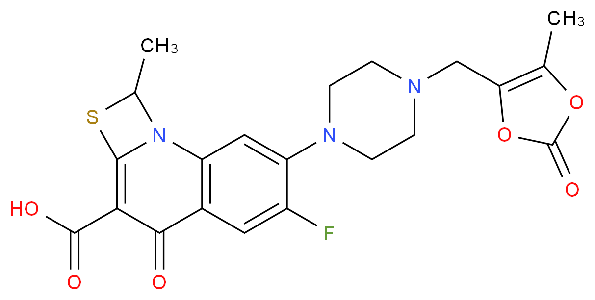 6-fluoro-1-methyl-7-{4-[(5-methyl-2-oxo-2H-1,3-dioxol-4-yl)methyl]piperazin-1-yl}-4-oxo-1H,4H-[1,3]thiazeto[3,2-a]quinoline-3-carboxylic acid_分子结构_CAS_5875-06-9