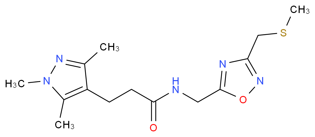 N-({3-[(methylthio)methyl]-1,2,4-oxadiazol-5-yl}methyl)-3-(1,3,5-trimethyl-1H-pyrazol-4-yl)propanamide_分子结构_CAS_)