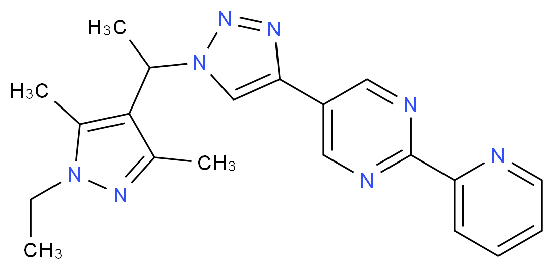 5-{1-[1-(1-ethyl-3,5-dimethyl-1H-pyrazol-4-yl)ethyl]-1H-1,2,3-triazol-4-yl}-2-pyridin-2-ylpyrimidine_分子结构_CAS_)