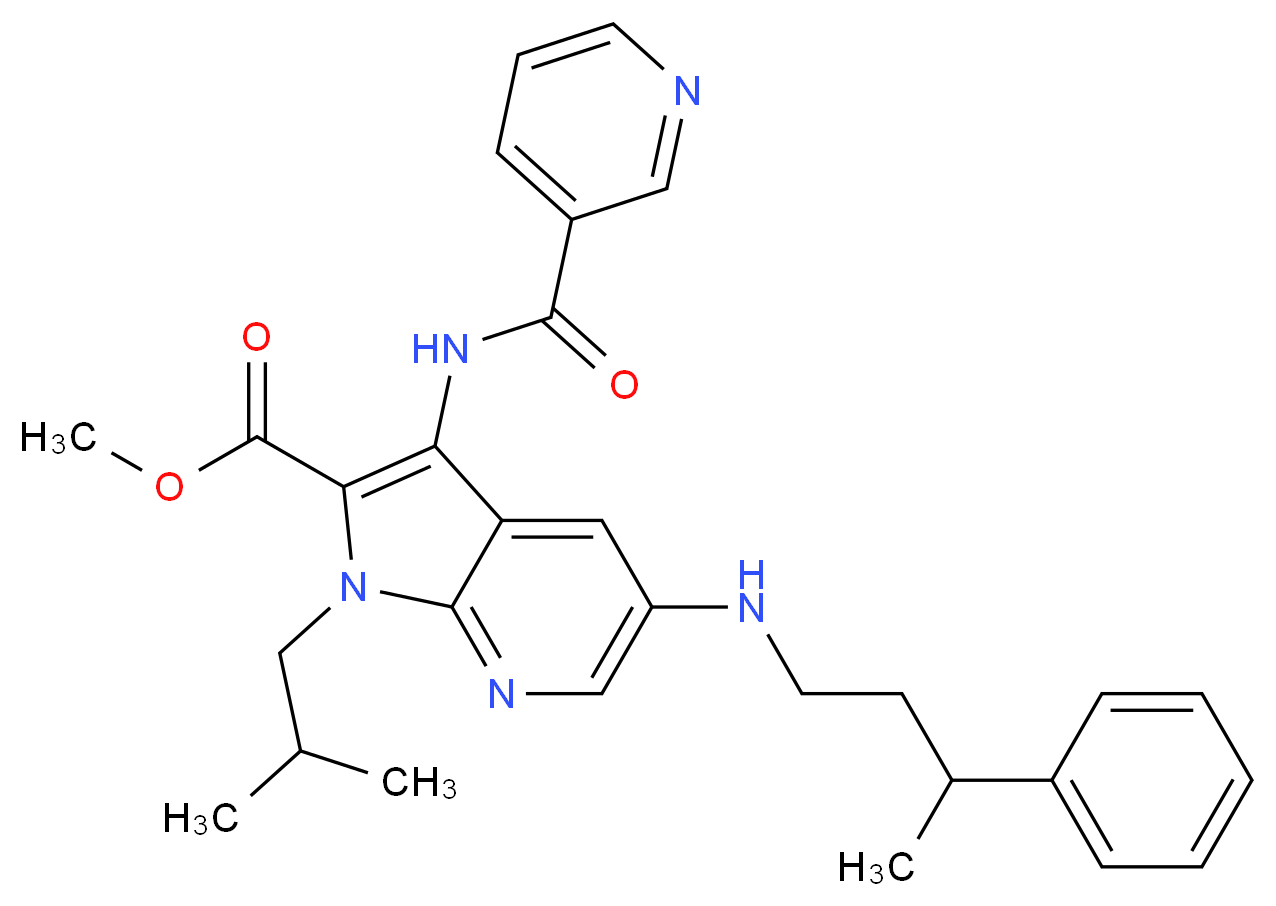 methyl 1-isobutyl-5-[(3-phenylbutyl)amino]-3-[(3-pyridinylcarbonyl)amino]-1H-pyrrolo[2,3-b]pyridine-2-carboxylate_分子结构_CAS_)