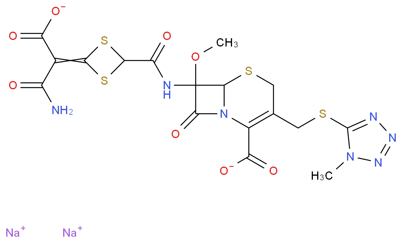 disodium 7-{4-[carbamoyl(carboxylato)methylidene]-1,3-dithietane-2-amido}-7-methoxy-3-{[(1-methyl-1H-1,2,3,4-tetrazol-5-yl)sulfanyl]methyl}-8-oxo-5-thia-1-azabicyclo[4.2.0]oct-2-ene-2-carboxylate_分子结构_CAS_69712-56-7