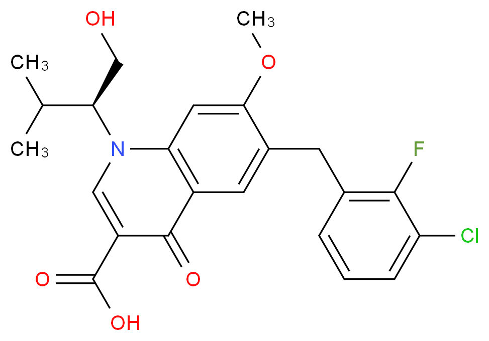 6-[(3-chloro-2-fluorophenyl)methyl]-1-[(2S)-1-hydroxy-3-methylbutan-2-yl]-7-methoxy-4-oxo-1,4-dihydroquinoline-3-carboxylic acid_分子结构_CAS_697761-98-1