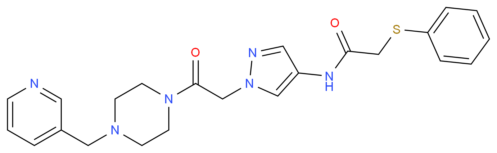N-(1-{2-oxo-2-[4-(3-pyridinylmethyl)-1-piperazinyl]ethyl}-1H-pyrazol-4-yl)-2-(phenylthio)acetamide_分子结构_CAS_)
