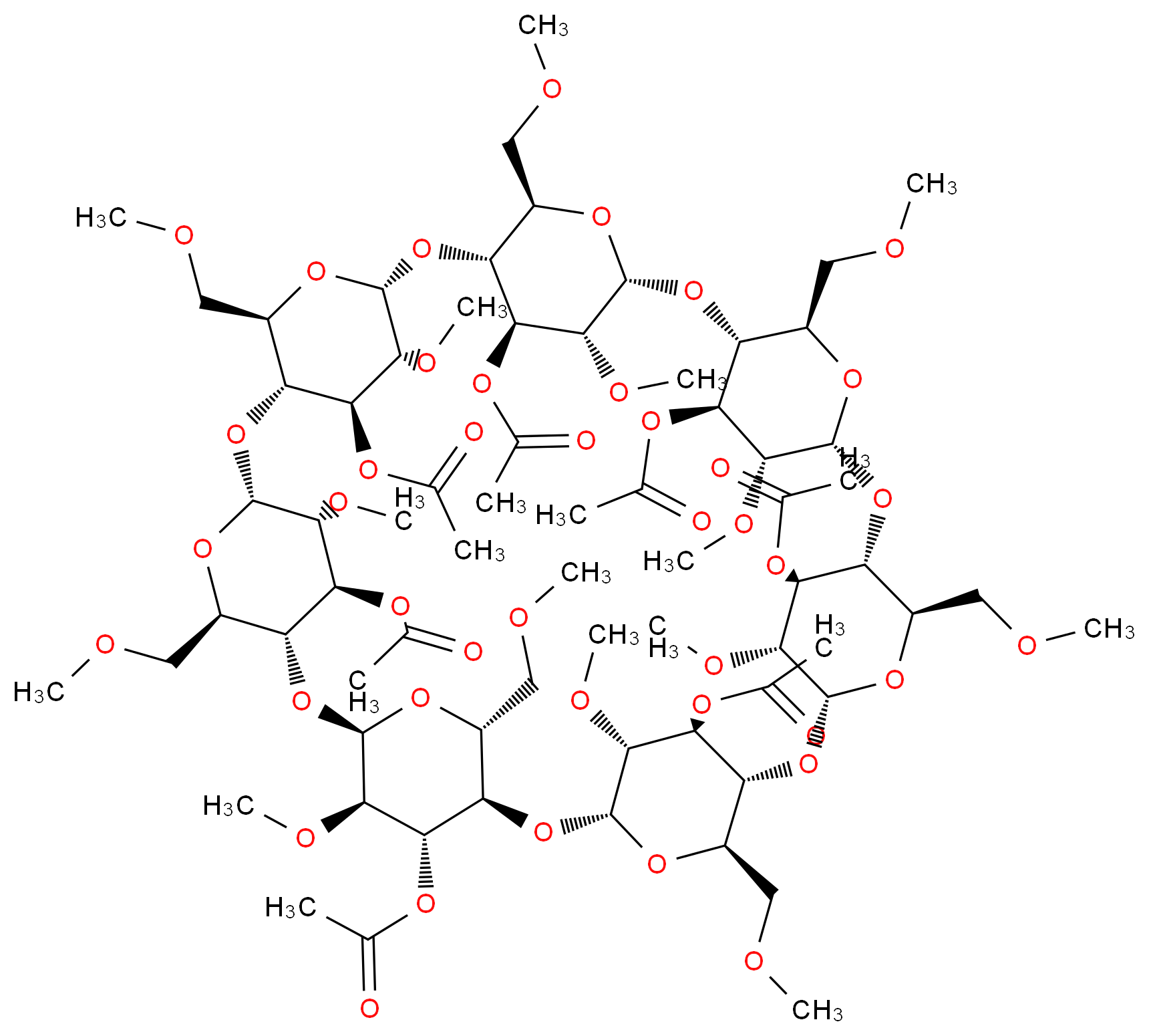 (1R,3R,5R,6R,8R,10R,11R,13R,15R,16R,18R,20R,21R,23R,25R,26R,28R,30R,31R,33R,35R,36S,37R,38S,39R,40S,41R,42S,43R,44S,45R,46S,47R,48S,49R)-38,40,42,44,46,48-hexakis(acetyloxy)-37,39,41,43,45,47,49-heptamethoxy-5,10,15,20,25,30,35-heptakis(methoxymethyl)-2,4,7,9,12,14,17,19,22,24,27,29,32,34-tetradecaoxaoctacyclo[31.2.2.2<sup>3</sup>,<sup>6</sup>.2<sup>8</sup>,<sup>1</sup><sup>1</sup>.2<sup>1</sup><sup>3</sup>,<sup>1</sup><sup>6</sup>.2<sup>1</sup><sup>8</sup>,<sup>2</sup><sup>1</sup>.2<sup>2</sup><sup>3</sup>,<sup>2</sup><sup>6</sup>.2<sup>2</sup><sup>8</sup>,<sup>3</sup><sup>1</sup>]nonatetracontan-36-yl acetate_分子结构_CAS_131889-29-7