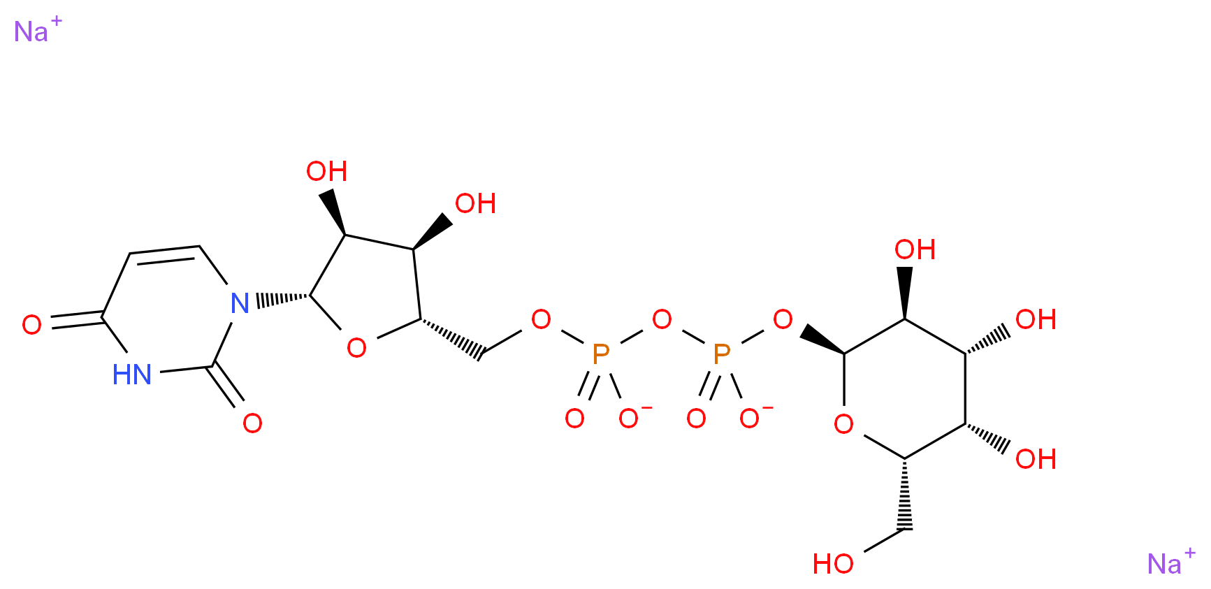 disodium [(2S,3R,4S,5S)-5-(2,4-dioxo-1,2,3,4-tetrahydropyrimidin-1-yl)-3,4-dihydroxyoxolan-2-yl]methyl {[(2S,3S,4R,5S,6S)-3,4,5-trihydroxy-6-(hydroxymethyl)oxan-2-yl phosphonato]oxy}phosphonate_分子结构_CAS_137868-52-1