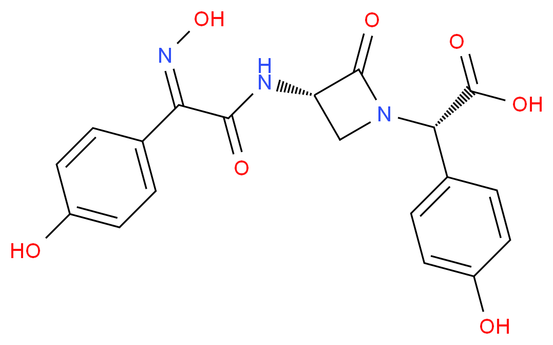 (2S)-2-[(3S)-3-[(2Z)-2-(N-hydroxyimino)-2-(4-hydroxyphenyl)acetamido]-2-oxoazetidin-1-yl]-2-(4-hydroxyphenyl)acetic acid_分子结构_CAS_63555-59-9
