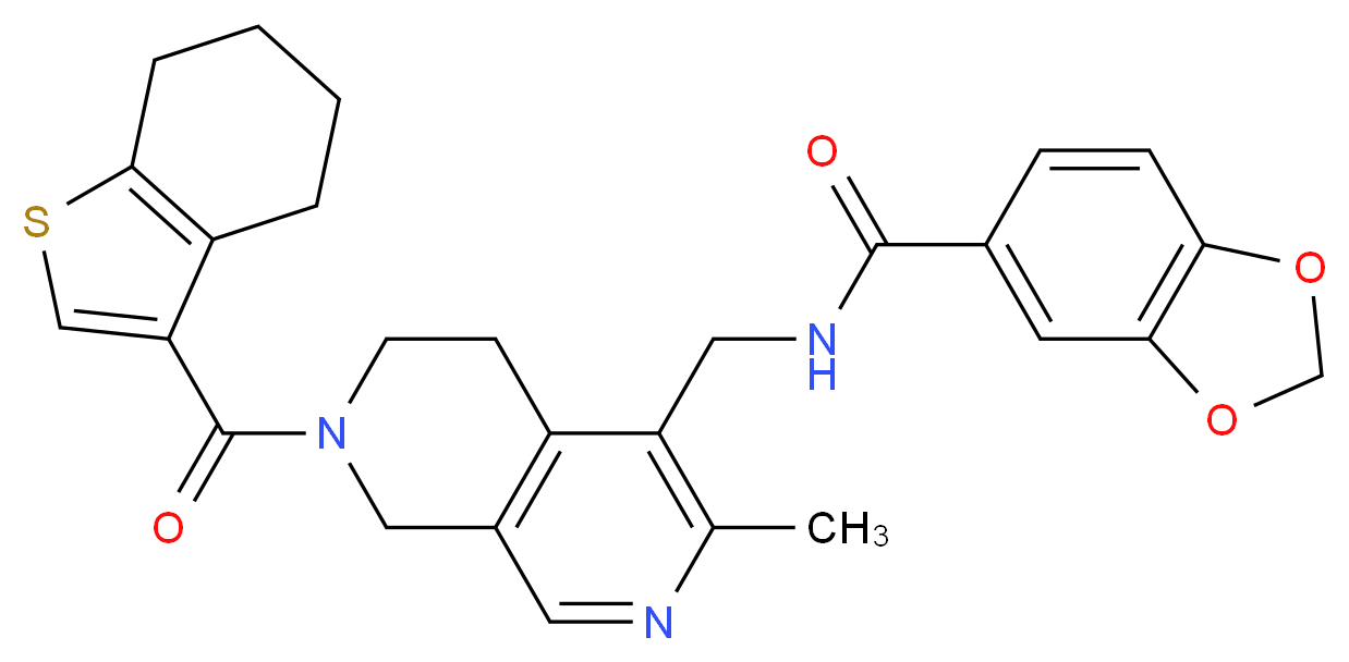 N-{[3-methyl-7-(4,5,6,7-tetrahydro-1-benzothien-3-ylcarbonyl)-5,6,7,8-tetrahydro-2,7-naphthyridin-4-yl]methyl}-1,3-benzodioxole-5-carboxamide_分子结构_CAS_)