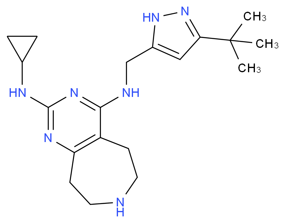 N~4~-[(3-tert-butyl-1H-pyrazol-5-yl)methyl]-N~2~-cyclopropyl-6,7,8,9-tetrahydro-5H-pyrimido[4,5-d]azepine-2,4-diamine_分子结构_CAS_)