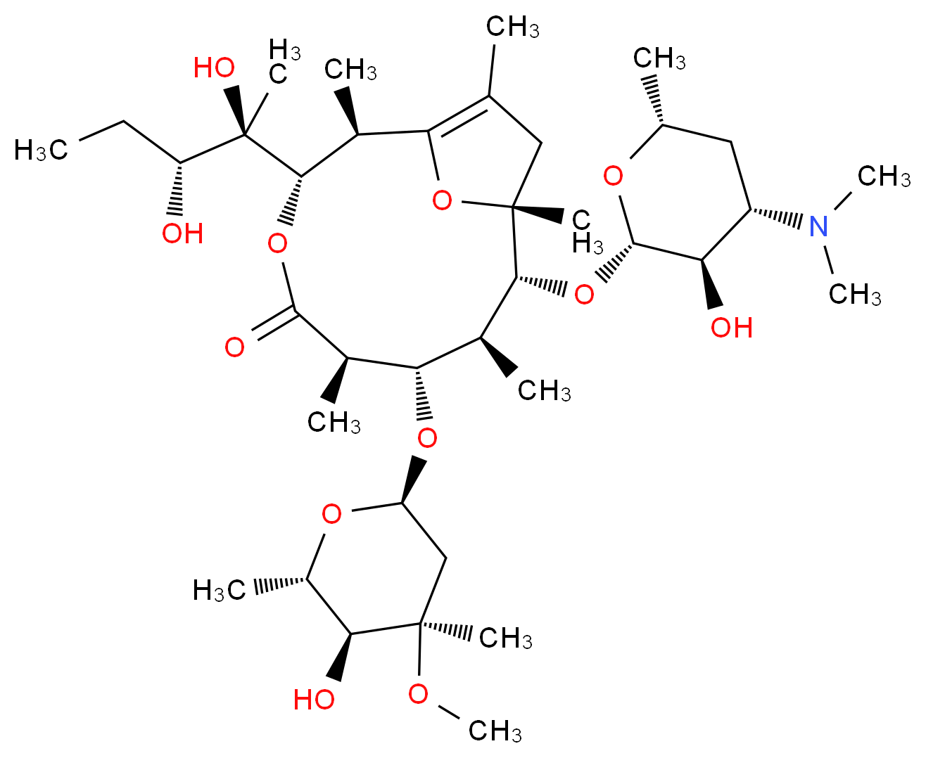 (2R,3S,6R,7S,8S,9R,10R)-3-[(2R,3R)-2,3-dihydroxypentan-2-yl]-9-{[(2S,3R,4S,6R)-4-(dimethylamino)-3-hydroxy-6-methyloxan-2-yl]oxy}-7-{[(2R,4R,5S,6S)-5-hydroxy-4-methoxy-4,6-dimethyloxan-2-yl]oxy}-2,6,8,10,12-pentamethyl-4,13-dioxabicyclo[8.2.1]tridec-1(12)-en-5-one_分子结构_CAS_105882-69-7