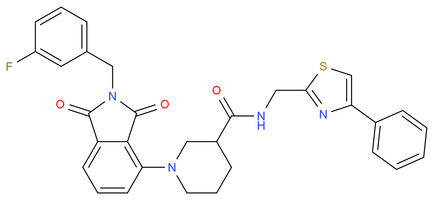 1-[2-(3-fluorobenzyl)-1,3-dioxo-2,3-dihydro-1H-isoindol-4-yl]-N-[(4-phenyl-1,3-thiazol-2-yl)methyl]-3-piperidinecarboxamide_分子结构_CAS_)