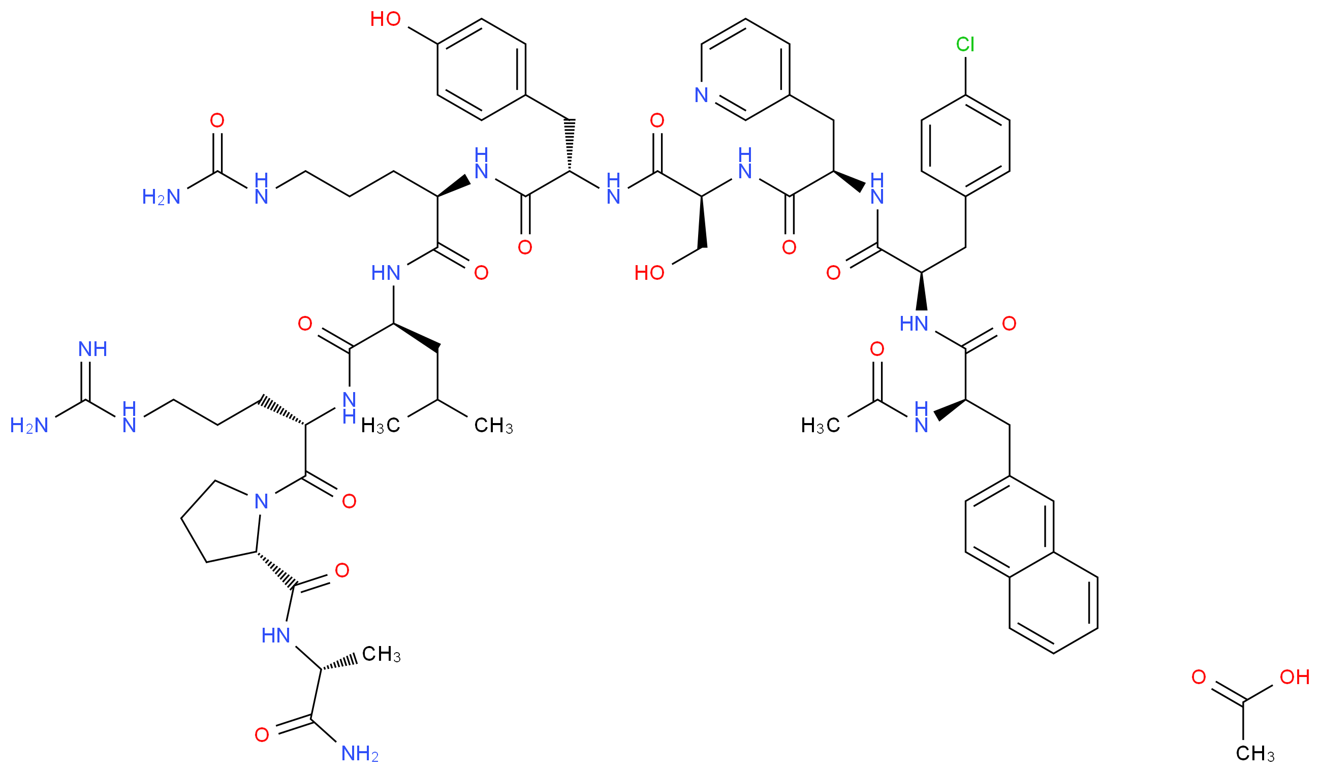 (2S)-N-[(2S)-5-carbamimidamido-1-[(2S)-2-{[(1R)-1-carbamoylethyl]carbamoyl}pyrrolidin-1-yl]-1-oxopentan-2-yl]-2-[(2R)-5-(carbamoylamino)-2-[(2S)-2-[(2S)-2-[(2R)-2-[(2R)-3-(4-chlorophenyl)-2-[(2R)-2-acetamido-3-(naphthalen-2-yl)propanamido]propanamido]-3-(pyridin-3-yl)propanamido]-3-hydroxypropanamido]-3-(4-hydroxyphenyl)propanamido]pentanamido]-4-methylpentanamide; acetic acid_分子结构_CAS_145672-81-7