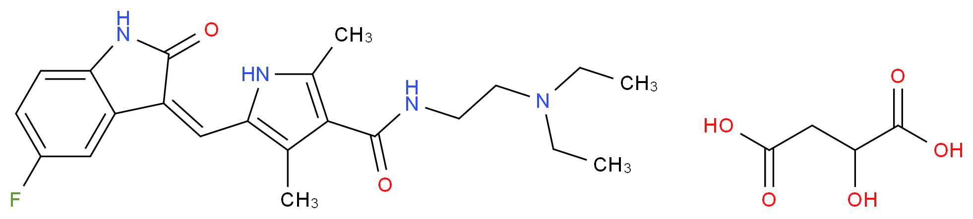 2-hydroxybutanedioic acid; N-[2-(diethylamino)ethyl]-5-{[(3Z)-5-fluoro-2-oxo-2,3-dihydro-1H-indol-3-ylidene]methyl}-2,4-dimethyl-1H-pyrrole-3-carboxamide_分子结构_CAS_341031-54-7