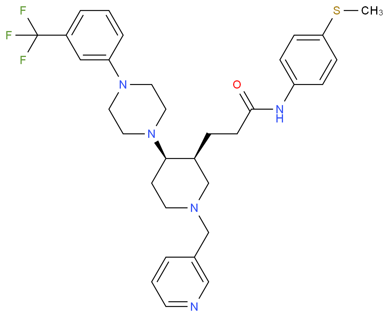 N-[4-(methylthio)phenyl]-3-((3S*,4R*)-1-(3-pyridinylmethyl)-4-{4-[3-(trifluoromethyl)phenyl]-1-piperazinyl}-3-piperidinyl)propanamide_分子结构_CAS_)