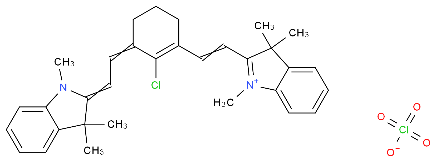 2-(2-{2-chloro-3-[2-(1,3,3-trimethyl-2,3-dihydro-1H-indol-2-ylidene)ethylidene]cyclohex-1-en-1-yl}ethenyl)-1,3,3-trimethyl-3H-indol-1-ium perchlorate_分子结构_CAS_102185-03-5