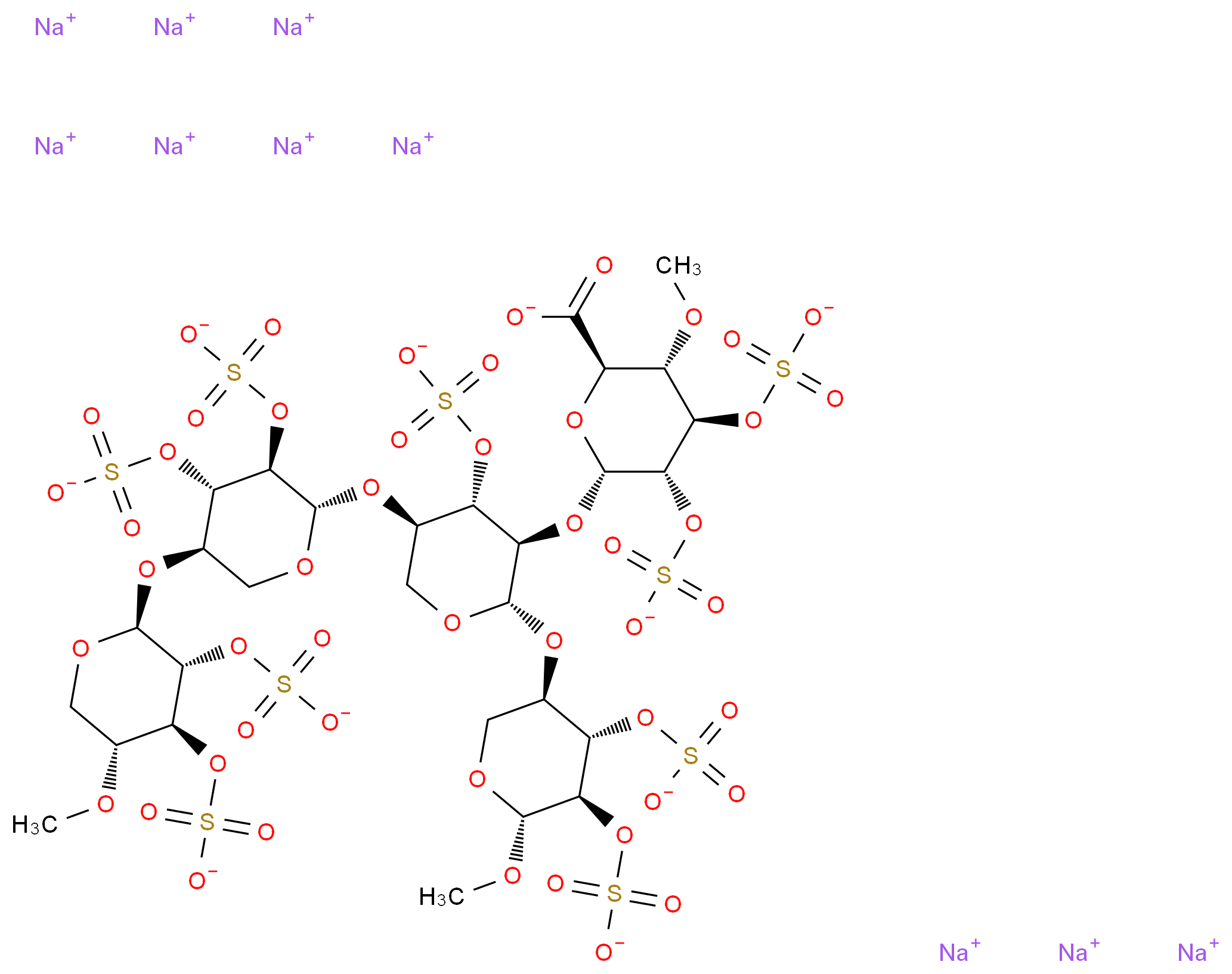 decasodium (2R,3S,4R,5S,6R)-3-methoxy-6-{[(2S,3R,4S,5R)-5-{[(2S,3R,4S,5R)-5-{[(2S,3R,4S,5R)-5-methoxy-3,4-bis(sulfonatooxy)oxan-2-yl]oxy}-3,4-bis(sulfonatooxy)oxan-2-yl]oxy}-2-{[(3R,4S,5R,6R)-6-methoxy-4,5-bis(sulfonatooxy)oxan-3-yl]oxy}-4-(sulfonatooxy)oxan-3-yl]oxy}-4,5-bis(sulfonatooxy)oxane-2-carboxylate_分子结构_CAS_37319-17-8