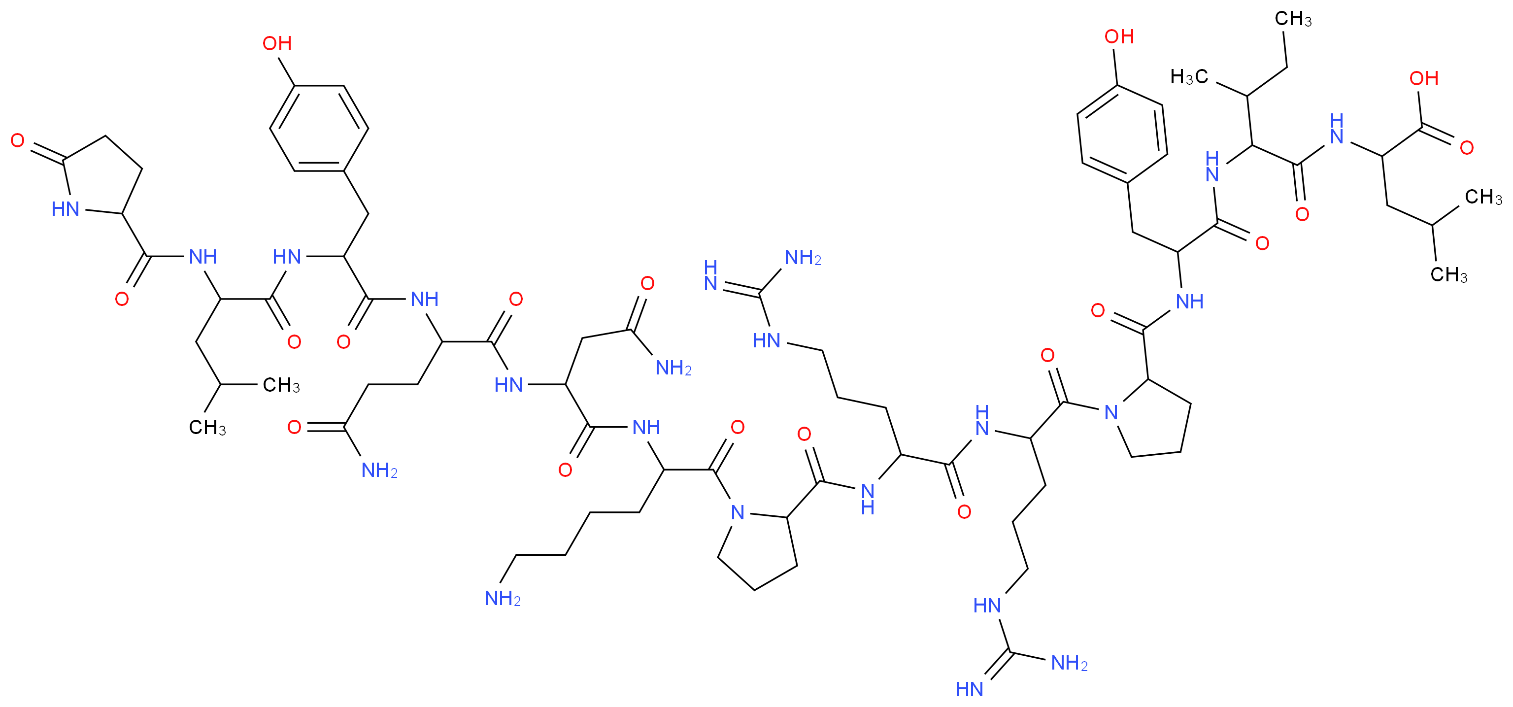 2-(2-{2-[(1-{2-[2-({1-[6-amino-2-(3-carbamoyl-2-{4-carbamoyl-2-[3-(4-hydroxyphenyl)-2-{4-methyl-2-[(5-oxopyrrolidin-2-yl)formamido]pentanamido}propanamido]butanamido}propanamido)hexanoyl]pyrrolidin-2-yl}formamido)-5-carbamimidamidopentanamido]-5-carbamimidamidopentanoyl}pyrrolidin-2-yl)formamido]-3-(4-hydroxyphenyl)propanamido}-3-methylpentanamido)-4-methylpentanoic acid_分子结构_CAS_61445-54-3