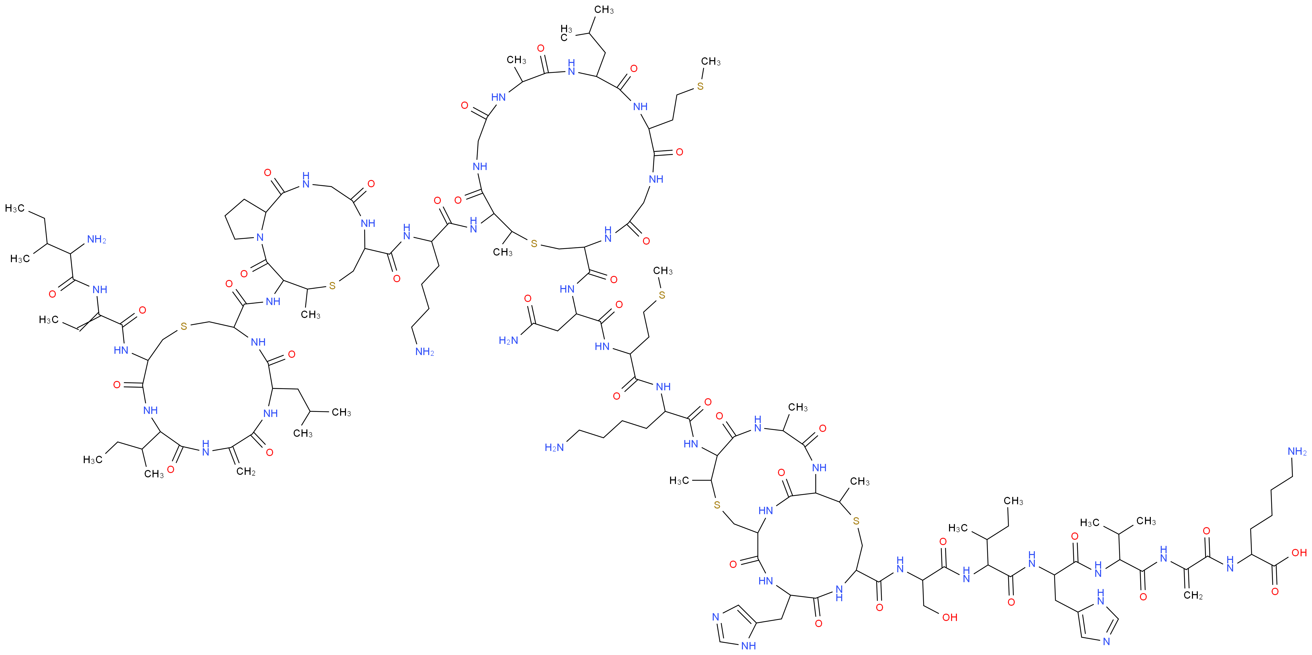 (2S)-2-{2-[(2S)-2-[(2S)-2-[(2S,3S)-2-[(2S)-2-{[(1R,4S,7R,11R,14S,17R)-7-[(2S)-2-[(2S)-2-[(2S)-2-{[(3R,9S,12S,15S,21S)-21-[(2R)-2-{[(6R,10R,15aS)-10-[(3R,6S,12S,15R)-15-{2-[(2S,3S)-2-amino-3-methylpentanamido]but-2-enamido}-12-[(2S)-butan-2-yl]-9-methylidene-6-(2-methylpropyl)-5,8,11,14-tetraoxo-1-thia-4,7,10,13-tetraazacyclohexadecane-3-amido]-9-methyl-1,4,11-trioxo-tetradecahydropyrrolo[2,1-i]1-thia-4,7,10-triazacyclotridecan-6-yl]formamido}-6-aminohexanamido]-15,22-dimethyl-12-(2-methylpropyl)-9-[2-(methylsulfanyl)ethyl]-5,8,11,14,17,20-hexaoxo-1-thia-4,7,10,13,16,19-hexaazacyclodocosan-3-yl]formamido}-3-carbamoylpropanamido]-4-(methylsulfanyl)butanamido]-6-aminohexanamido]-14-(1H-imidazol-5-ylmethyl)-4,8,20-trimethyl-3,6,12,15,21-pentaoxo-9,19-dithia-2,5,13,16,22-pentaazabicyclo[9.9.2]docosan-17-yl]formamido}-3-hydroxypropanamido]-3-methylpentanamido]-3-(1H-imidazol-5-yl)propanamido]-3-methylbutanamido]prop-2-enamido}-6-aminohexanoic acid_分子结构_CAS_1414-45-5