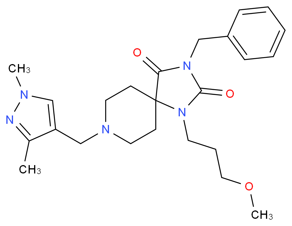 3-benzyl-8-[(1,3-dimethyl-1H-pyrazol-4-yl)methyl]-1-(3-methoxypropyl)-1,3,8-triazaspiro[4.5]decane-2,4-dione_分子结构_CAS_)