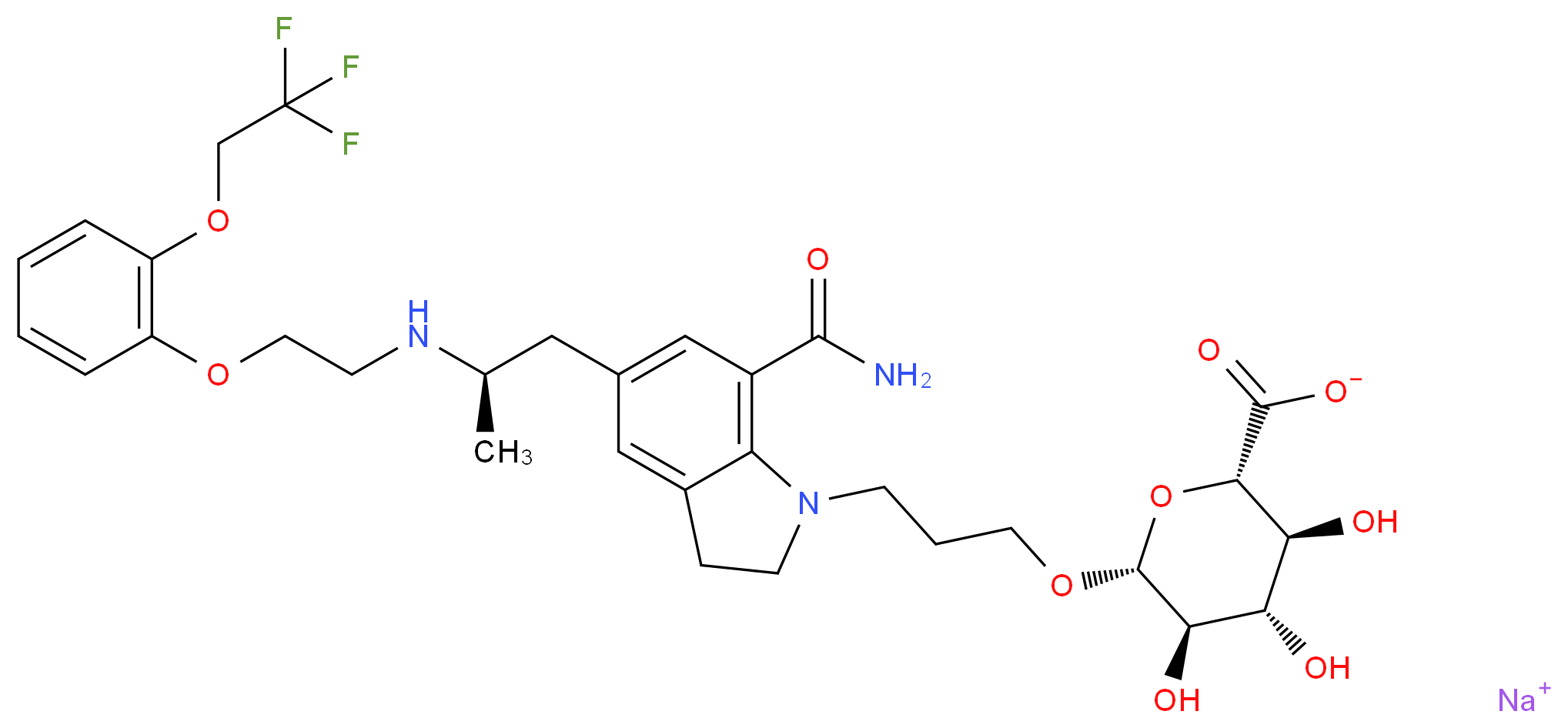 sodium (2S,3S,4S,5R,6R)-6-(3-{7-carbamoyl-5-[(2R)-2-({2-[2-(2,2,2-trifluoroethoxy)phenoxy]ethyl}amino)propyl]-2,3-dihydro-1H-indol-1-yl}propoxy)-3,4,5-trihydroxyoxane-2-carboxylate_分子结构_CAS_879292-24-7