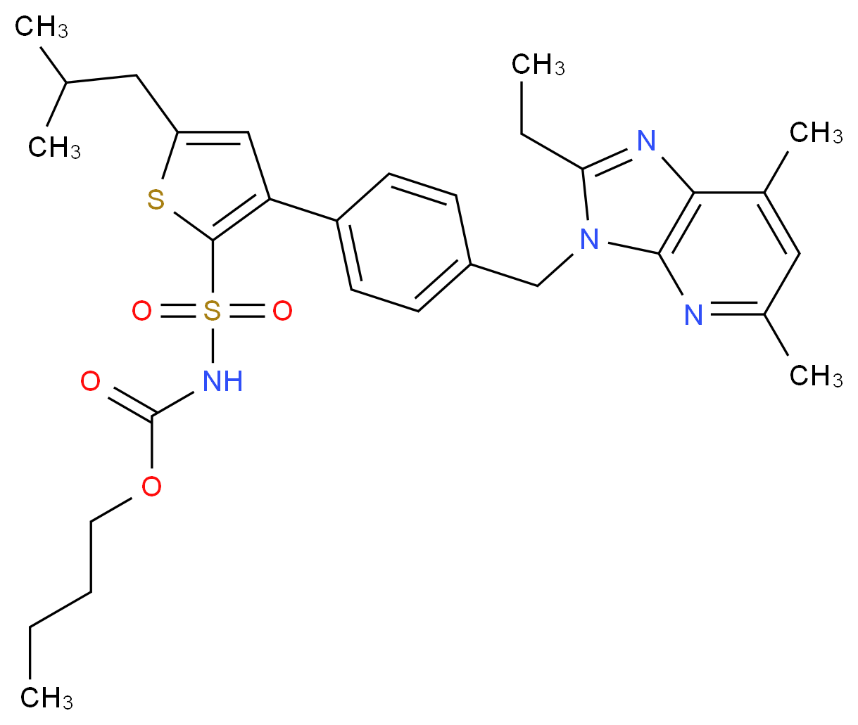 butyl N-({3-[4-({2-ethyl-5,7-dimethyl-3H-imidazo[4,5-b]pyridin-3-yl}methyl)phenyl]-5-(2-methylpropyl)thiophen-2-yl}sulfonyl)carbamate_分子结构_CAS_151488-11-8