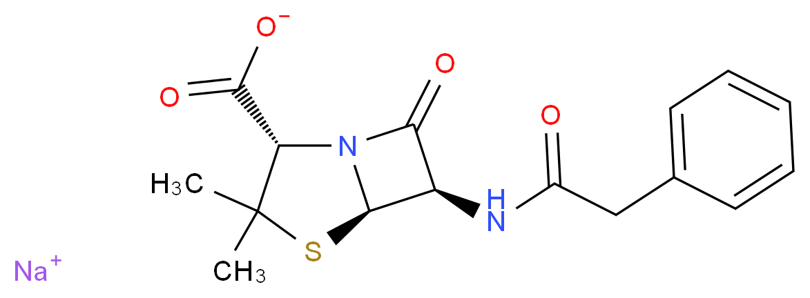 sodium (2S,5R,6R)-3,3-dimethyl-7-oxo-6-(2-phenylacetamido)-4-thia-1-azabicyclo[3.2.0]heptane-2-carboxylate_分子结构_CAS_69-57-8