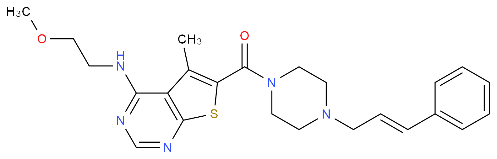 N-(2-methoxyethyl)-5-methyl-6-({4-[(2E)-3-phenyl-2-propen-1-yl]-1-piperazinyl}carbonyl)thieno[2,3-d]pyrimidin-4-amine_分子结构_CAS_)