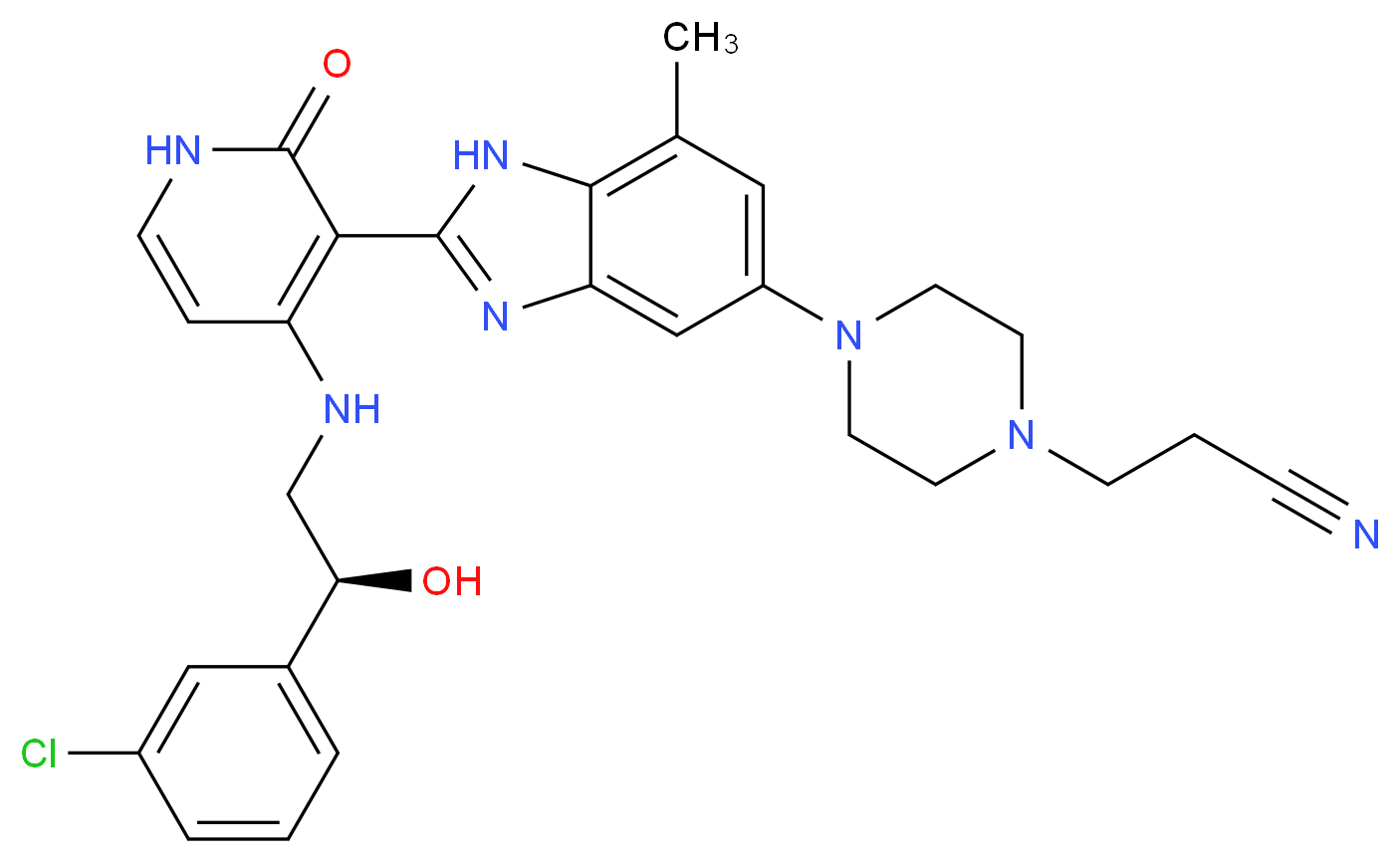 3-{4-[2-(4-{[(2S)-2-(3-chlorophenyl)-2-hydroxyethyl]amino}-2-oxo-1,2-dihydropyridin-3-yl)-7-methyl-1H-1,3-benzodiazol-5-yl]piperazin-1-yl}propanenitrile_分子结构_CAS_468741-42-6