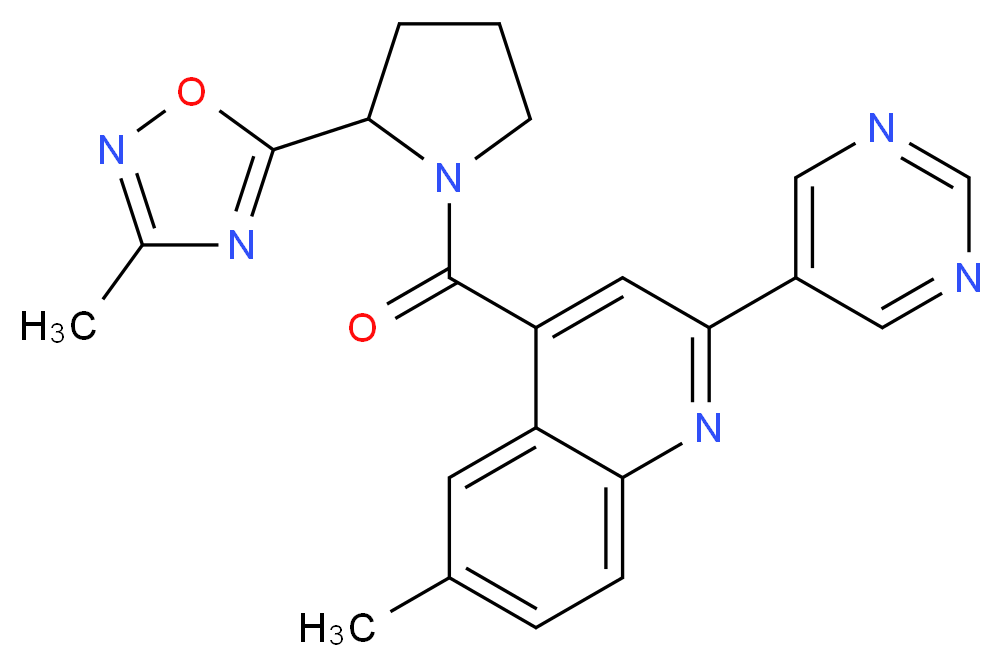 6-methyl-4-{[2-(3-methyl-1,2,4-oxadiazol-5-yl)pyrrolidin-1-yl]carbonyl}-2-pyrimidin-5-ylquinoline_分子结构_CAS_)