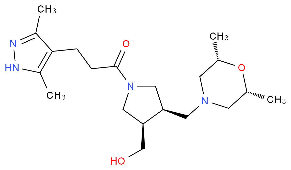 {(3R*,4R*)-4-{[(2R*,6S*)-2,6-dimethylmorpholin-4-yl]methyl}-1-[3-(3,5-dimethyl-1H-pyrazol-4-yl)propanoyl]pyrrolidin-3-yl}methanol_分子结构_CAS_)