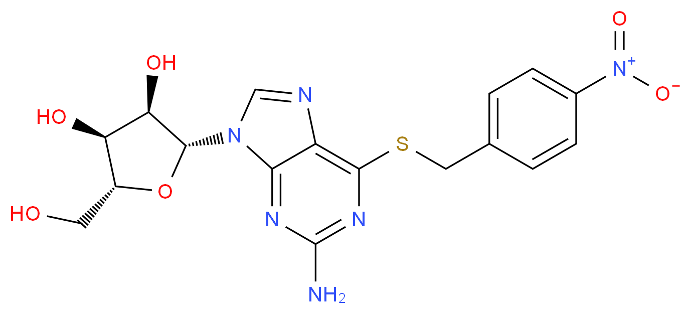 (2R,3R,4S,5R)-2-(2-amino-6-{[(4-nitrophenyl)methyl]sulfanyl}-9H-purin-9-yl)-5-(hydroxymethyl)oxolane-3,4-diol_分子结构_CAS_13153-27-0