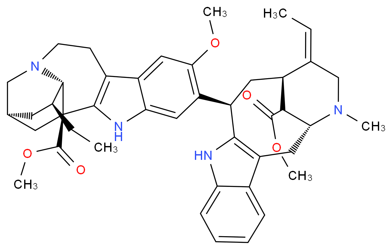 methyl (1S,15S,17S,18S)-17-ethyl-6-[(1R,12R,14R,15E)-15-ethylidene-18-(methoxycarbonyl)-17-methyl-10,17-diazatetracyclo[12.3.1.0^{3,11}.0^{4,9}]octadeca-3(11),4,6,8-tetraen-12-yl]-7-methoxy-3,13-diazapentacyclo[13.3.1.0^{2,10}.0^{4,9}.0^{13,18}]nonadeca-2(10),4,6,8-tetraene-1-carboxylate_分子结构_CAS_3371-85-5