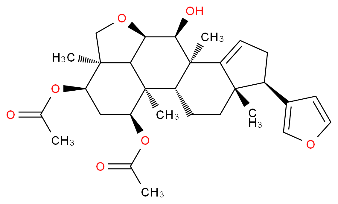 (1R,2R,5S,6R,10R,11S,12R,15R,16R,18S,19R)-18-(acetyloxy)-6-(furan-3-yl)-11-hydroxy-1,5,10,15-tetramethyl-13-oxapentacyclo[10.6.1.0<sup>2</sup>,<sup>1</sup><sup>0</sup>.0<sup>5</sup>,<sup>9</sup>.0<sup>1</sup><sup>5</sup>,<sup>1</sup><sup>9</sup>]nonadec-8-en-16-yl acetate_分子结构_CAS_78012-28-9