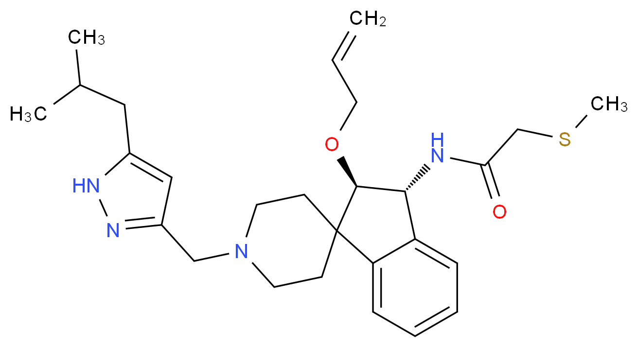 N-{(2R*,3R*)-2-(allyloxy)-1'-[(5-isobutyl-1H-pyrazol-3-yl)methyl]-2,3-dihydrospiro[indene-1,4'-piperidin]-3-yl}-2-(methylthio)acetamide_分子结构_CAS_)